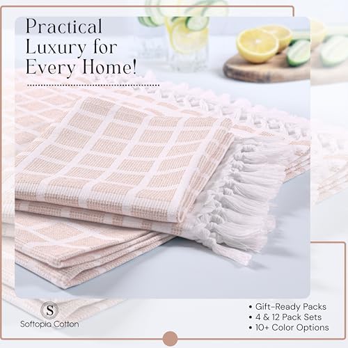 Image of Matrix Dobby Kitchen Towels 4 Pack 100% Cotton, 16 inchx26 inch, Handmade Knotted Tassel Dish Towels, Reusable & Washable Cloths for Drying, Absorbent Tea Towel for Cleaning - Beige, White