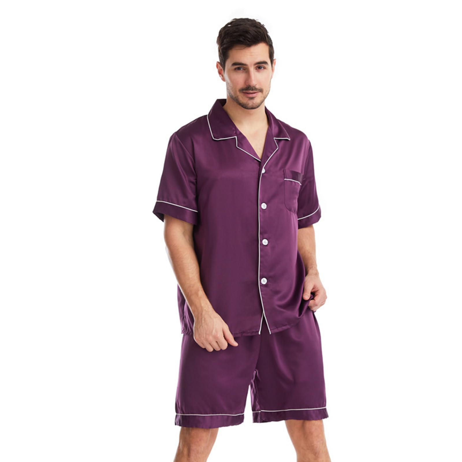 Uomo 2 Pezzi Seta Pigiama Set Manica Corta Morbido Raso Pigiameria Pulsante Giù Pjs Set con Tasche