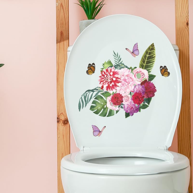 Peony Flower Butterfly Toilet Cover Sticker Decals,Spring Flower Butterfly Waterproof Toilet Lid Tank Seat Decals Cistern Self-Adhesive Bathroom Wall Sticker