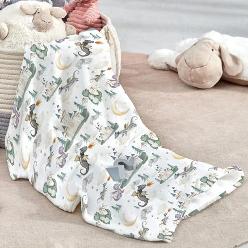 Image of Baby Boy Girl Blankets Dragon Tale Castle, Watercolor Green Moon Clouds Stars Tree Soft Lightweight Nursery Receiving Swaddle, Flannel Newborn Infant Toddler Crib Bedding Kids Gift 30 x 40