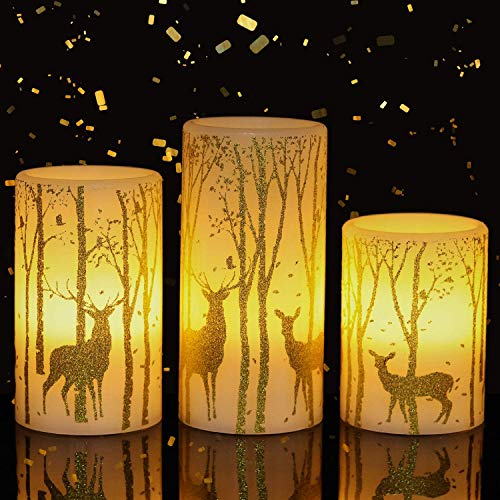 GenSwin Battery Operated Flameless Candles Flickering with 6 Hours Timer, Led Pillar Candles Deer Decal Warm Light, Real Wax Pack of 3 Christmas Home Decor