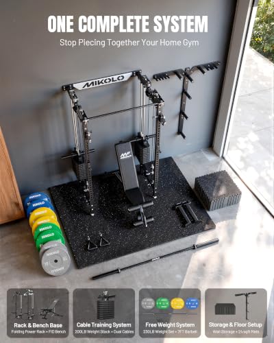 Image of Mikolo Folding Squat Rack, Wall Mounted Power Rack with Cable Crossover Machine & LAT Pull Down, Functional Trainer with 5 Adjustable Function Modes, Home Gym Package