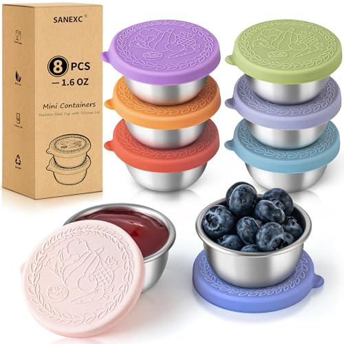 SANEXC 8 Pack - 1.6 Oz Small Salad Dressing Containers To Go Leakproof Condiment Containers with Lids Reusable Stainless Steel Sauce Cups for Lunch Boxes Kitchen Storage Picnics Travel Meal Prep