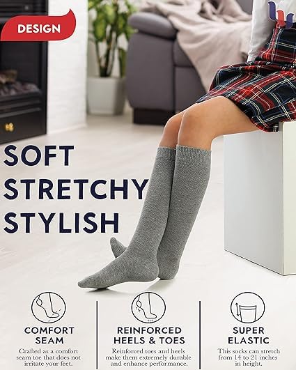 Image of WKLOUYHE Kid's Knee High Cotton Socks for Girls Boys and Toddlers, Solid Color Long School Uniform Socks Pack Of 04