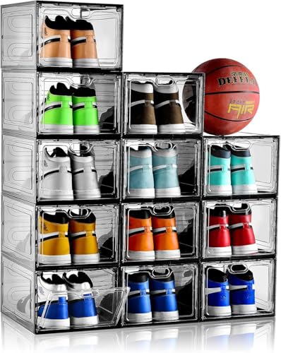 Image of INSTY 12 Pack Gray Transparent Shoe Storage Organizer, Stackable Shoe Boxes for Closet, Drop Front Plastic Shoe Box with Grey Door, Easy to Assemble, Fit up US Size 12(13.4 inchx 9.8 inchx 7.1 inch)