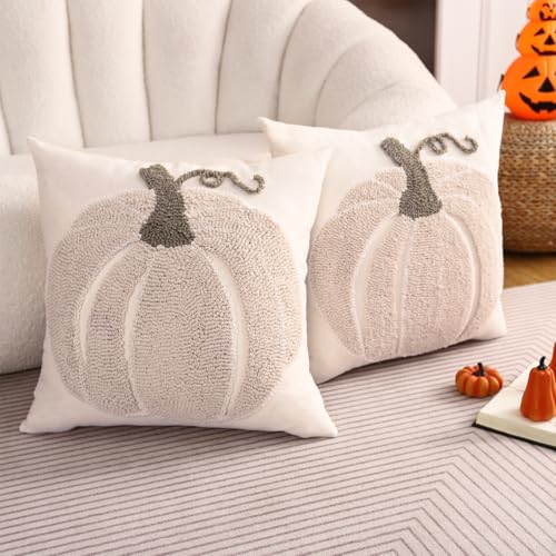 Tosleo Halloween Throw Pillow Covers 18x18 inch Set of 2 Halloween Beige Pumpkin Embroidered Pillow Cases Thanksgiving Home Party Pumpkin Fall Decor Pillowcases Square Cushion Covers