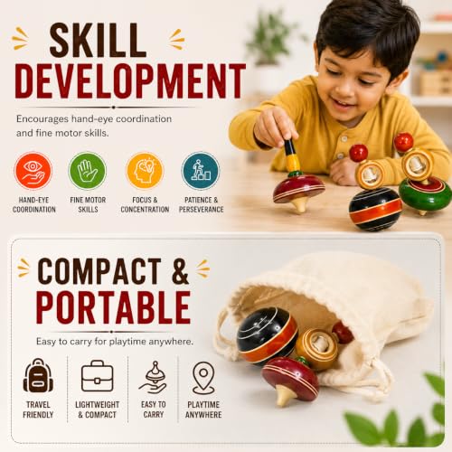 Image of Wooden Spinning Tops Combo Pack of 3 nos (Buguri, Lattu,Pambaram) Multi Color - Non Toxic Channapatna Hand Crafted Desi Toddler /Kids Indoor Toys, Return Gift, bongaram for Kids.