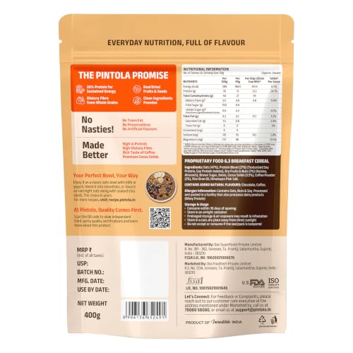 Image of PINTOLA 26g High Protein Oats 400g, Caffe Mocha, No Refined Sugar, with Almonds & Raisins, High Fibre, Rolled Oats, Breakfast Cereals | Gluten Free