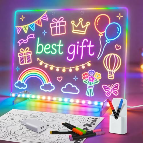 pizarra led niños de 8 colores con soporte invisible, 35 * 25cm pizarra led luminosa con 7 rotuladores, tablero de dibujo transparente, tendencia de vacaciones