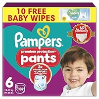 Pampers Premium Protection Nappy Pants Size 6, 132 Nappies, 13kg-19kg, Monthly Pack + Pampers Harmonie Aqua Baby Wipes 1 pack of 10 Wipes