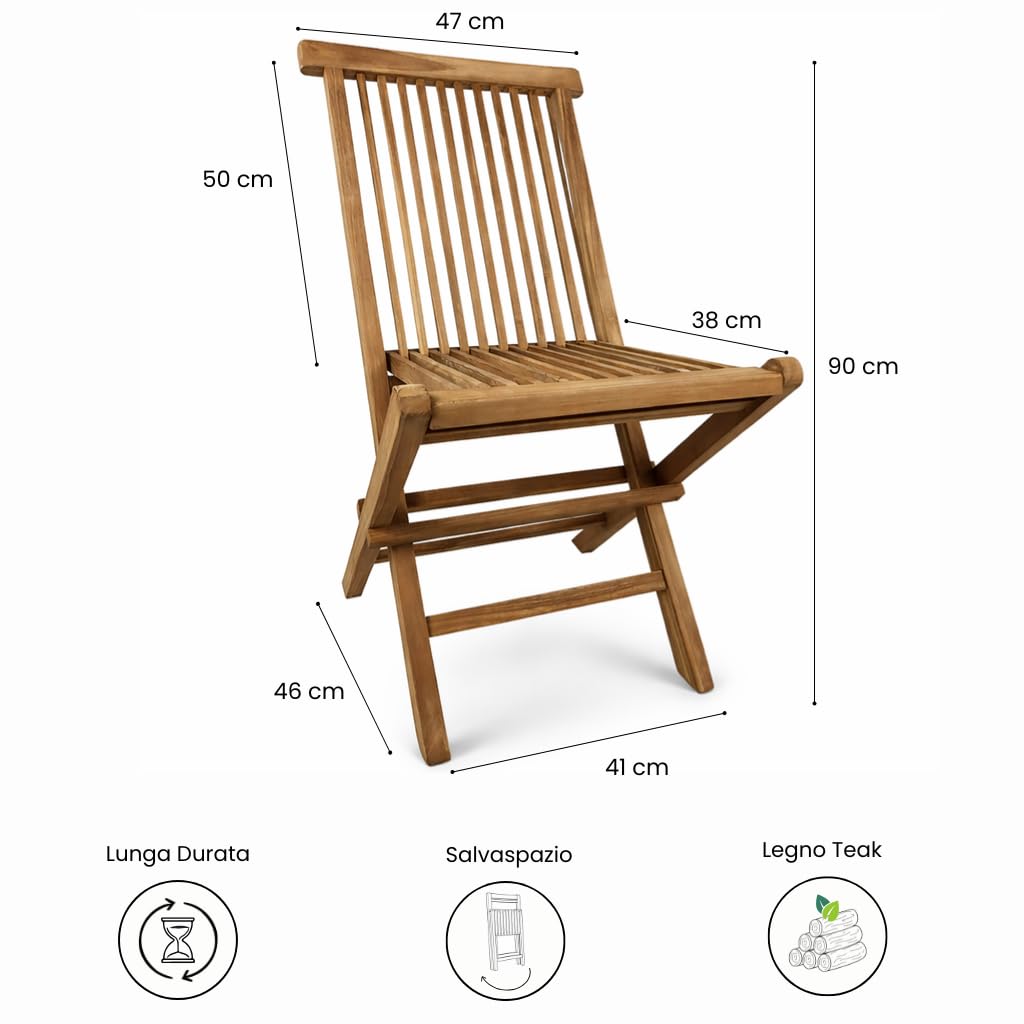 Set di 2 Sedie Pieghevoli Pinta in Legno Teak | Poltrone di Design, Resistenti per Giardino, Terrazza e Balcone | Certificato FSC (Pinta, Senza Cuscino)
