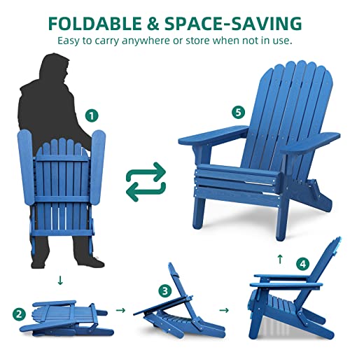 Dwvo Folding Adirondack Chair, Weather Resistant Poly Resin Fire Pit Chairs, Wood Grain Polystyrene Outdoor Chairs For Patio Pool Deck Lawn And Garden, Navy Blue #TOP5