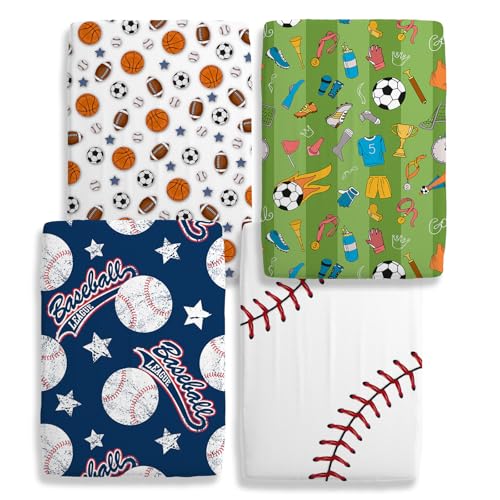 Image of 4 Pack Sports Baseball Crib Sheet Set for Boys, Neutral Soft Breathable Fitted Vintage Crib Sheet, Baseball Nursery Decor for Standard Crib and Toddler Bed Mattresses 28 x 52 in