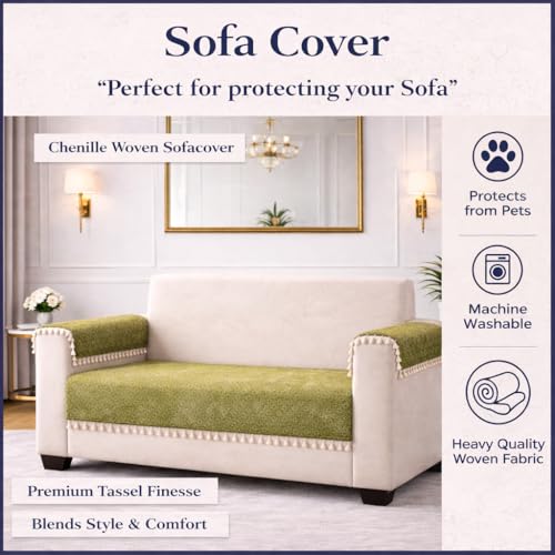 Image of STITCHNEST Woven Fabric Sofa Cover 3 Seater with 2 Hand Rest Covers - Washable Green Sofa Cover with Tassels - Durable Premium Fabric - Stylish Sofa Protector for Living Room & Furniture Decor6