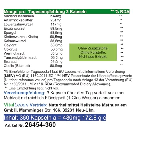 LEBER Vital Komplex Leberkapseln 360 Kapseln 12 Kräuter & Bitterstoffe mit Löwenzahn, Artischocke, Mariendistel + CHOLIN für normale LEBERFUNKTIONEN & FETTSTOFFWECHSEL. OHNE ZUSATZSTOFFE 26454-360 – Bild 4