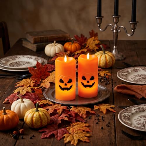 Image of Halloween Pumpkin Flameless Pillar Candles with 6H Timer, 2PCS