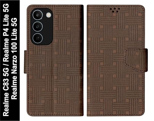 Image of SBMS Flip Cover for Realme C83 5G /Narzo 100 Lite 5G /P4 Lite 5G Back Case with Magnatic Closure | Genuine Leather Finish | Inbuilt Stand | Card & Money Pocket | Wallet Style Flip Cover (Mat Brown)