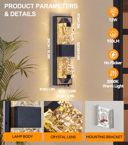 Image of 15.3 inch Dusk to Dawn Outdoor Wall Light, 12W LED Black and Gold, 1-Pack | IP65 Waterproof, Exterior Crystal Modern Wall Sconce, Ideal for Porch, Hallway, Doorway, Patio