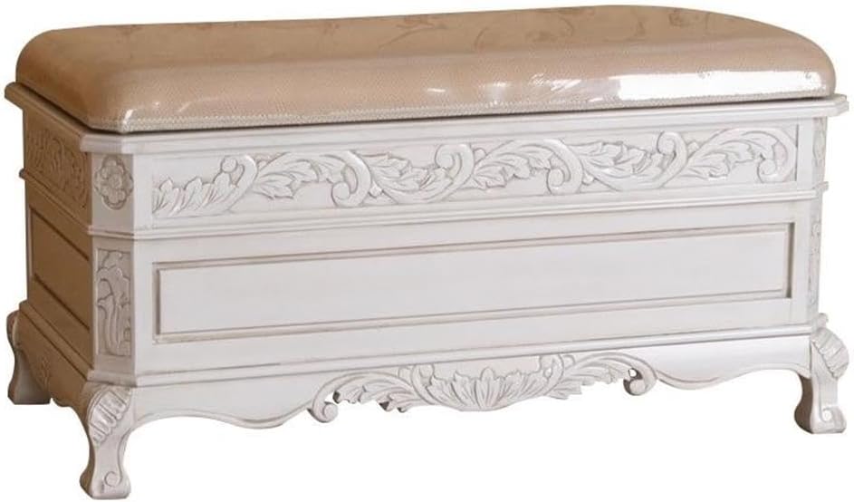 Pemberly Row Storage Trunk Bench, 35 in Width, Hardwood Construction, Antique White Finish, Padded Seat with Polyester Cotton Fabric, Bedroom Bench with Hidden Under-Seat Storage