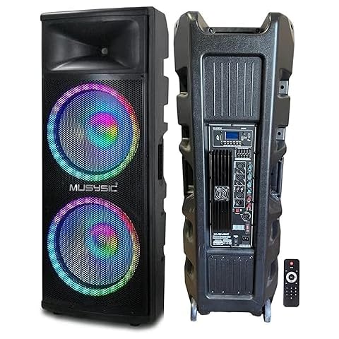 MUSYSIC Portable PA Speaker System w/Bluetooth – Built in 4000W PMPO Amplifier with LED Party Lights Bluetooth, FM, USB, SD 1/4“Inputs PA System – 2 X 15” Studio Speakers Cover