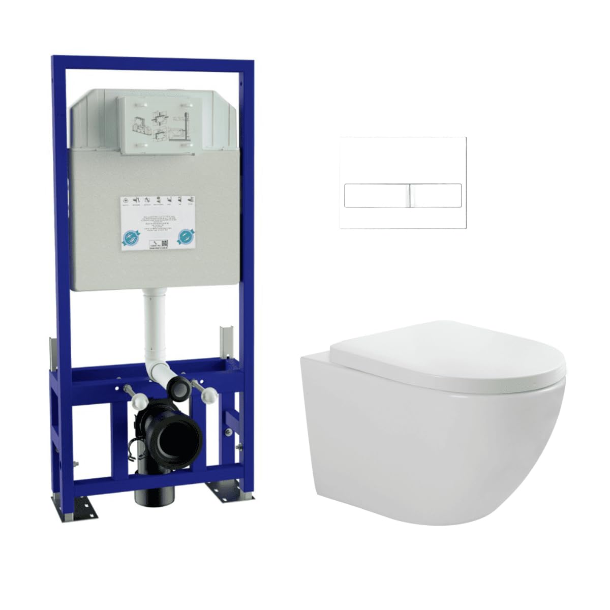 Pack Inodoro Suspendido Blanco Brillo y Cisterna Empotrada Autoportante con Pulsador Blanco | Inodoro Brillo Rimless Sin Borde de Fondo Reducido y Asiento Extrafino con Caida Amortiguada