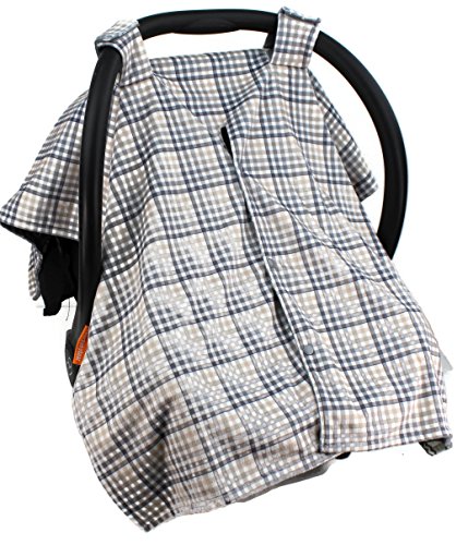 Image of Dear Baby Gear Deluxe Reversible Car Seat Canopy, Custom Minky Print, Fish on Grey /Grey Tan Plaid
