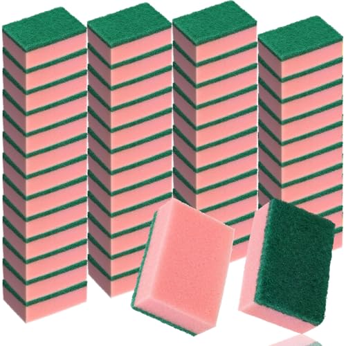 Image of Patelai 100 Pcs Heavy Duty Sponges Kitchen Bulk Dish Sponges Scrub Sponge Abrasive Scrubber Cleaning Sponge Non Scratch Scouring Absorbent Dish for Washing Kitchen (Pink)
