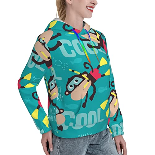 Women's Casual Hoodie Monkey-Diving-Enjoy-Holiday Long Sleeve Pullover Tops Medium Black #TOP4
