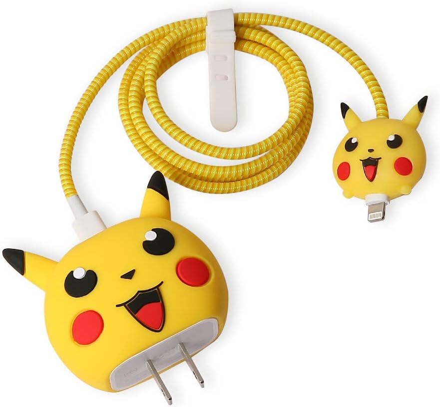 iTronix Cable Protector with 3D Cute Pattern for iPhone Charger only 18W & 20W, Data Line Wire Saver Charging Cable Charger Protective Cable, Full Protection Cover 4 in 1 (Yellow Cat)