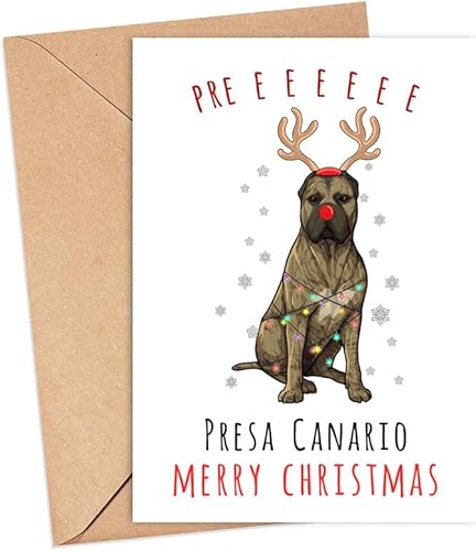 Presa Canario - Tarjeta de Navidad divertida para perro para él y ella, ideas únicas de regalo de Navidad para perros, tarjeta de Navidad de chistes