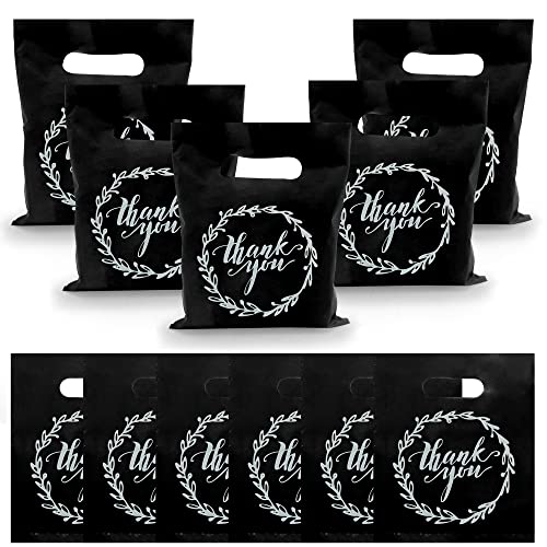 TOSPARTY 100PCS Plastic Thank You Merchandise Bags Black Party Present Bags Candy Cookie Treat Bags for Birthday Party Wedding Christmas Retirements