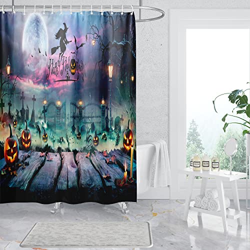 Tyakasha Halloween Shower Curtain Scary Pumpkin Lamp Skeleton Witch Board Full Moon Waterproof Polyester Fabric Bathroom Decoration 72 X 72 Inches With 12 Hooks #TOP2