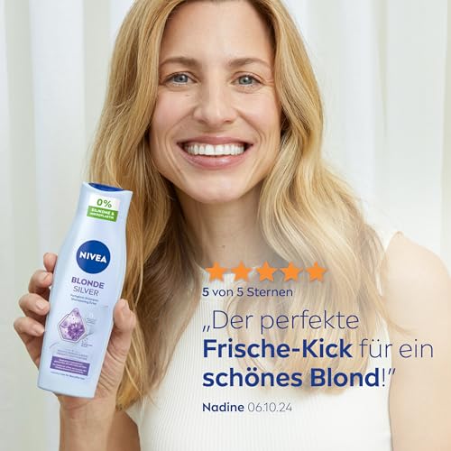 NIVEA Blonde Silver Farbglanz Shampoo, Silbershampoo frischt blondes, silbernes & graues Haar auf, pflegendes Haarshampoo mit violetten Farbpigmenten, Kornblume & Biotin (250ml)