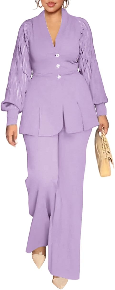 HWP Pants Suits for Women Dressy 2 Piece Business Casual Outfits Solid Long Sleeve Blazer and Pencil Pant Sets