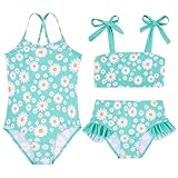 Kids4ever Traje de Baño Niña Conjunto 2 Piezas, Una Pieza y Bikini Estampado Margaritas, Verano, Secado Rápido, Elástico, Ropa de Baño con Tirantes Ajustables, Verde, para Niñas 2-3 Años