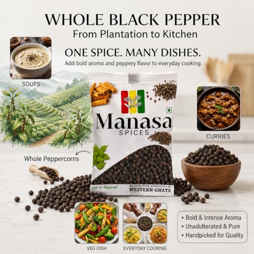 Image of Manasa Spices Black Pepper Whole 100gm, Kali Mirch Whole Sourced from the fertile Western Ghats, Bold Sun-Dried Peppercorns, 100% Natural & Pure, Rich Aroma & Flavor, Sabut Gol Mirch for Cooking