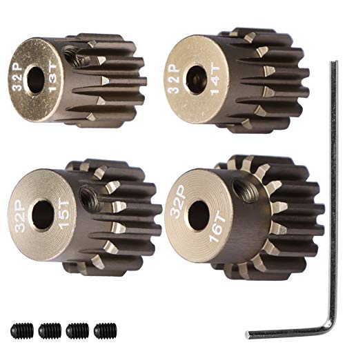 32P Aluminium Alloy Upgrade Pinion Gear Set: 13T 14T 15T 16T fit 3.175mm (1/8-Inch) RC Motor Shaft (Work with Aluminum or Plastic Spur Gears) RC Cars, Set of 4