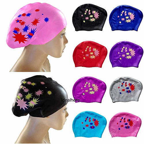NPLE--Fashion Silicone Swim Cap Hat for Ladies Women Long Hair With Ear Cup Waterproof (Pink)