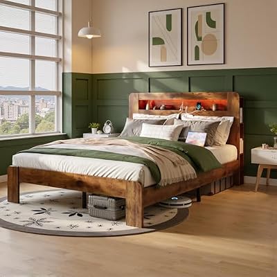 ivoros Queen Size Bed Frame with Headboard, Farmhouse Wood Platform Bed Frame with Bookcase Shelf, LED Lights, USB Port, No Box Spring Needed, Dark Brown