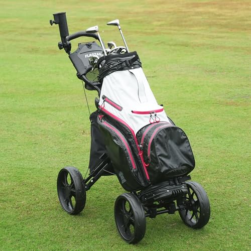 Image of Golf Push Cart 4-Wheels,Folding Golf Cart, Golf Pull cart with Cup Holder,Umbrella Holder,Cooler Bag, Foldable with one-Click,Handle Height Adjustable,Drink Holder,Walking Push cart