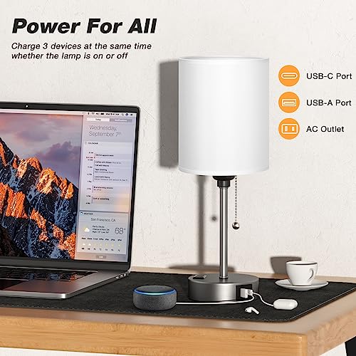 Image of White Bedside Lamp for Bedroom - 3 Color Temperatures Desk Lamp with USB C and A Ports, Pull Chain Table Lamp with AC Outlet, Nightstand Lamp with Silver Metal Base for Kids Girls