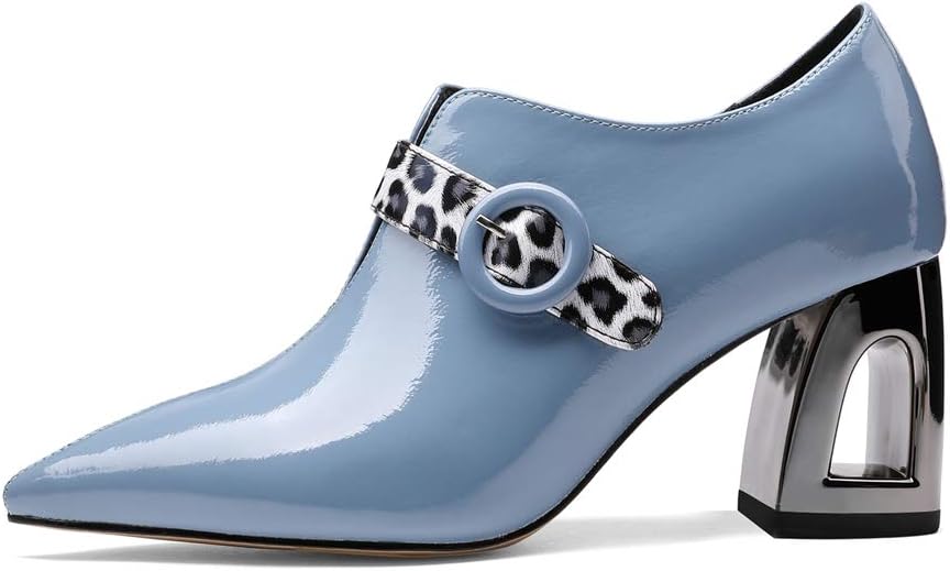 TinaCus Women's Handmade Patent Leather Pointed Toe Mid Chunky Heel V-Shaped Side Zip Up Pumps with Modern Buckle Decor