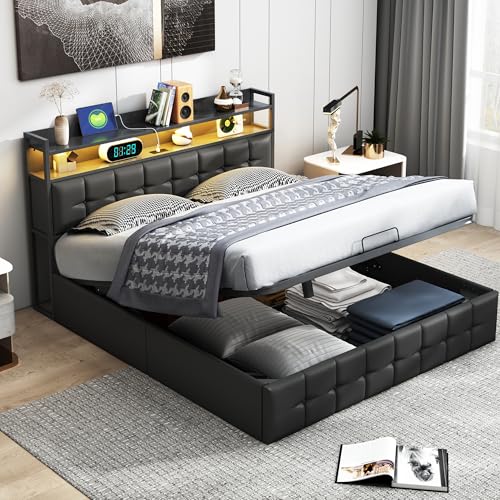 YYXLDYNB Cama doble 160 x 200 cm, marco de cama con iluminación LED y carga USB, cama para adultos con almacenamiento, cama con 4 cajones, somier de láminas, sin colchón, PU, negro