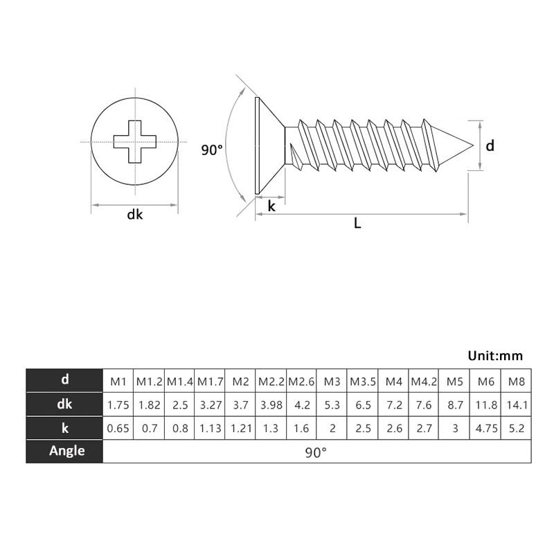 50Pcs M2 M2.2 M2.6 M3 M3.5 Countersunk Flat Head Self-Tapping Screws 316 Stainless Steel Self Tapping Screw Drywall Screw Fasteners(M3 x 20mm)