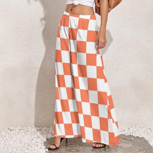 VOSERY Palazzo Pants for Women - White Orange Squares Checkerboard Comfy Casual Womens Wide Leg Pants Baggy Lounge Pants2