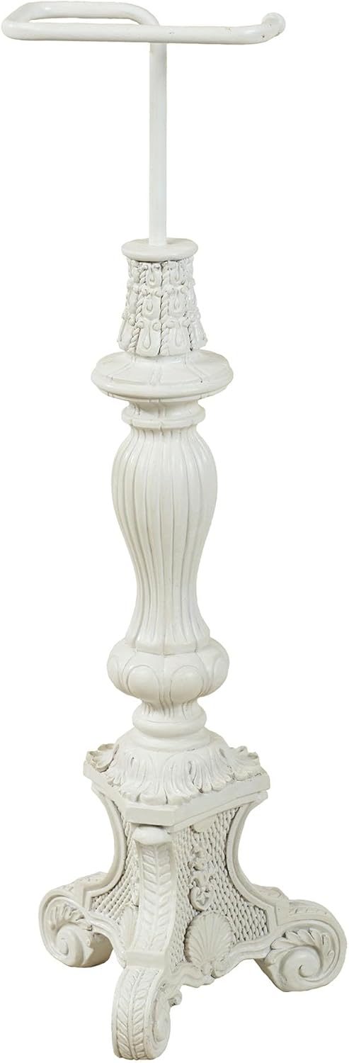 Sabriel Toilet Paper Stand | Traditional Freestanding Antique White Resin TP Holder with Ornate Scroll Pedestal Base | Timeless Classic Bathroom Decor | Holds Mega Roll