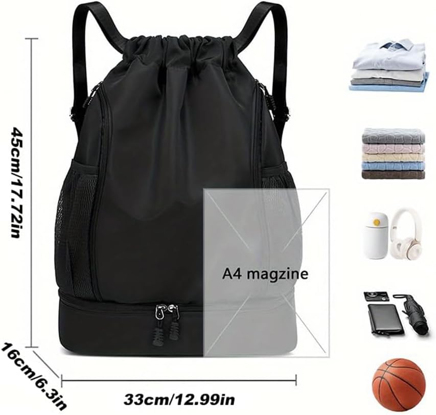 Drawstring Sports Backpack with Shoe Compartment, Nylon Gym Bag, Lightweight Foldable Sackpack for Swimming, Yoga (Black)