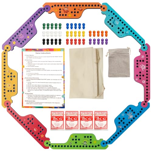 Colorful Jokers and Board Game,Pegs and Jokers Game for 2-8 Player,Wood Board Game with 8 Game Boards 4 Decks of Cards ，Player-Shaped pegs piece Holidays and Casual Social Gatherings