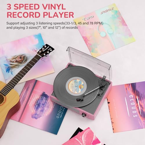 Image of Record Player with Speakers Belt-Driven Vintage Turntables 3 Speed 3 Size Wireless Bluetooth Playback AUX-in RCA Out Headphone LP Vinyl Players Auto Stop Purple Pink