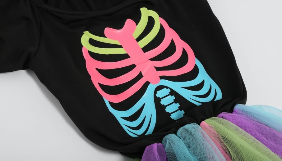 Miniatura 4 de Disfraz de esqueleto arcoíris para niñas, juego de vestido tutú que brilla en la oscuridad con extensiones de cabello para Halloween